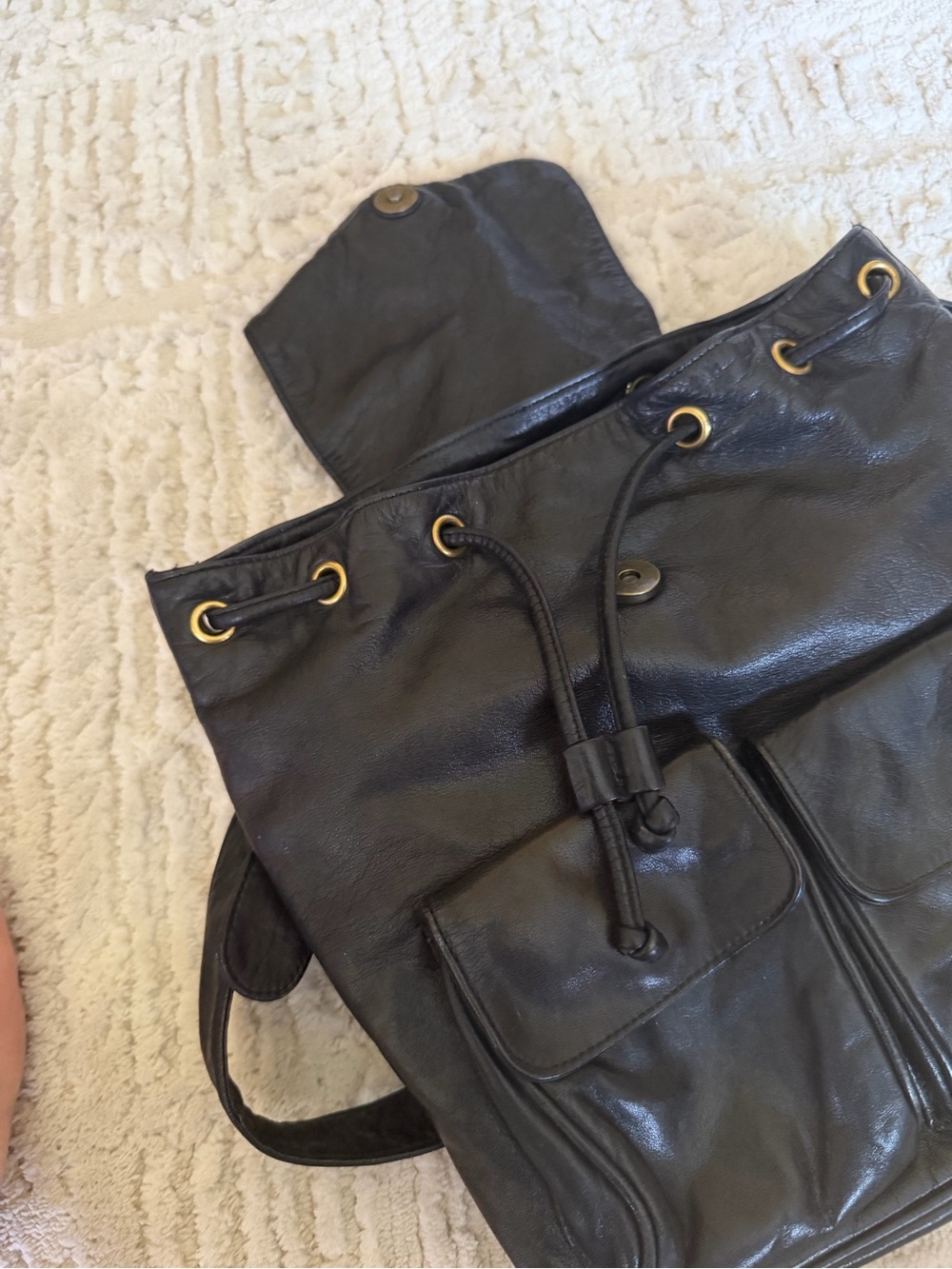 DKNY Black Leather Drawstring Backpack with Front Pockets - Picture 4 of 6